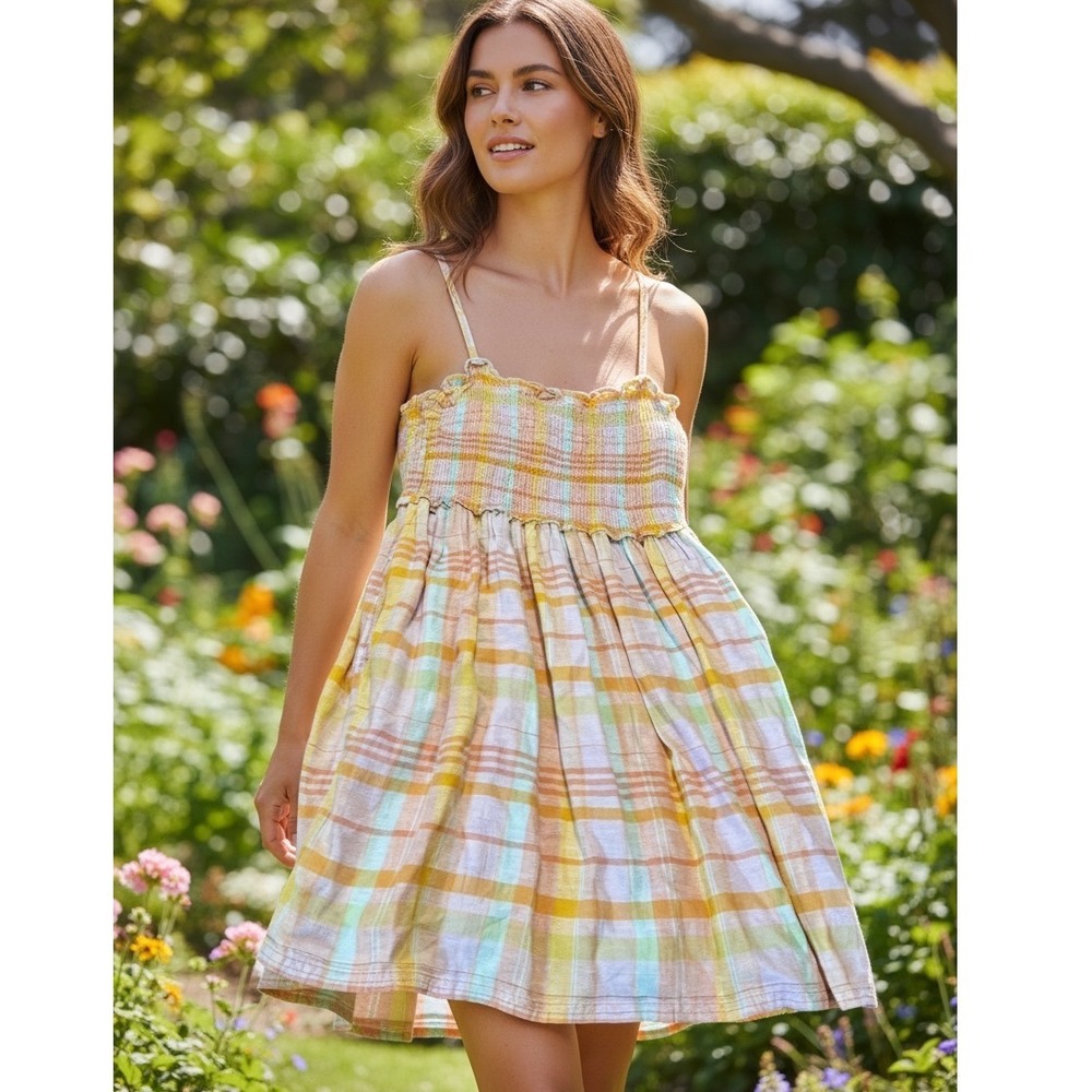 American Eagle Plaid Smocked Mini Dress Pastel Linen Blend Back Cutout Fairycore